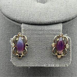 Vintage Silver Tone Purple Stone Clip On Earrings with Rhinestones